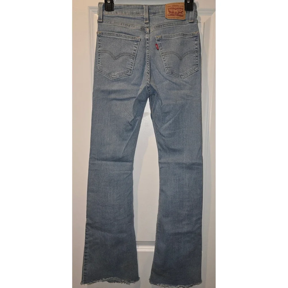 Levis 726 High Rise Flare Jeans Light Wash Raw Hem Denim Womens 26‎ Blue
